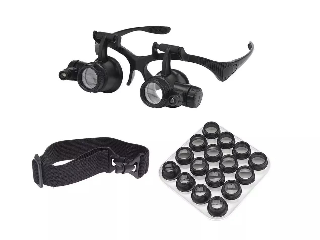 Lupenbrille mit LED-Beleuchtung und austauschbaren Linsen und 2,5X - 25X