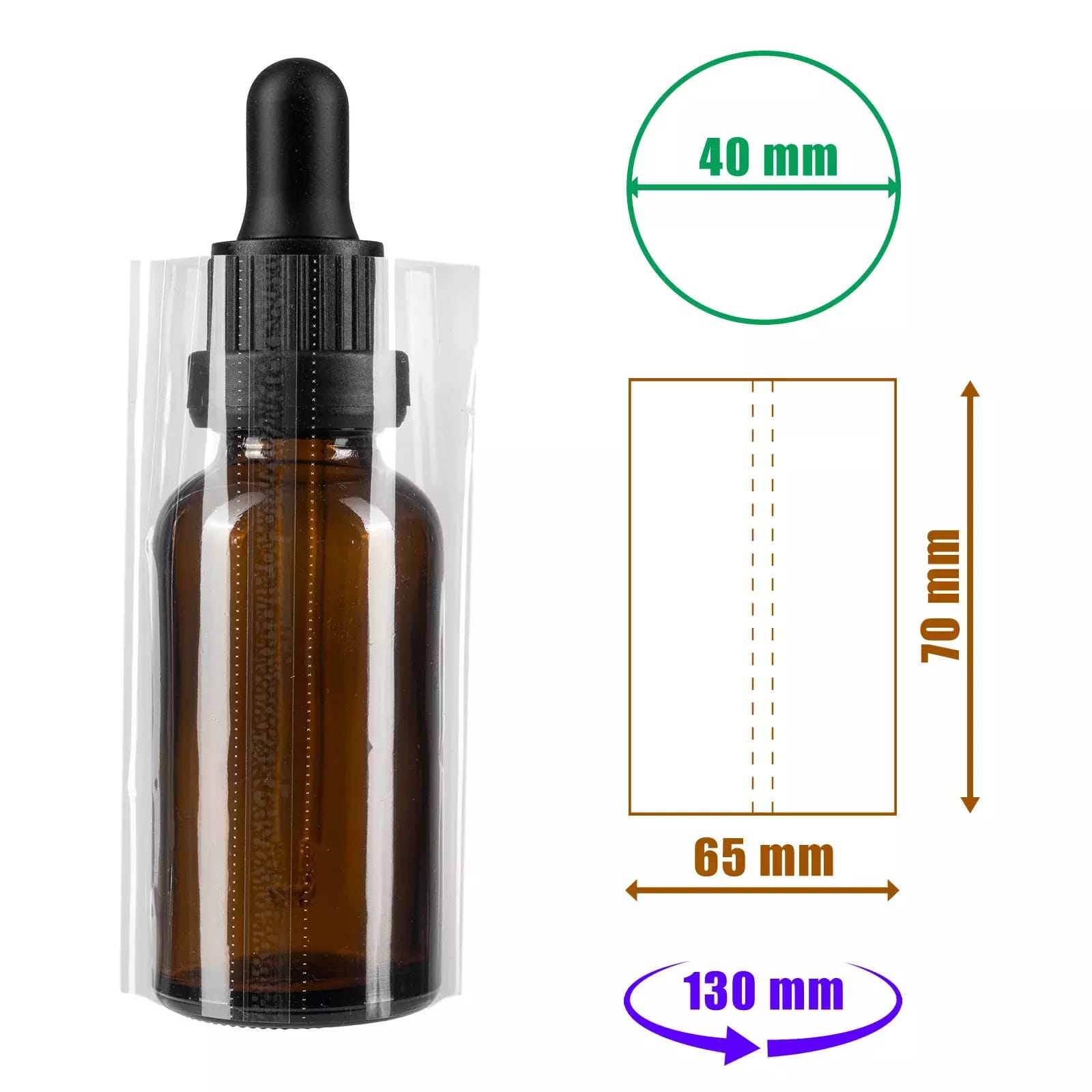 Transparente Schrumpffolie 70x65mm mit Perforation für Flaschen und Verpackungen, Durchmesser bis 40mm