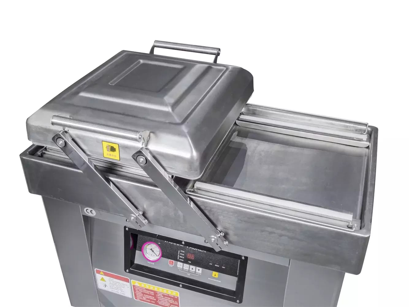 DZ-400-2SX Doppelvakuummaschine mit Ablauf- und Produktionsdatenkennzeichnung. – 2